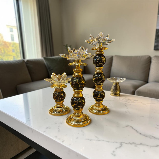 Lotus Kristal Dekoratif Şamdan Mumluk Gold Siyah Mermer Görünümlü Salon Masa Dekoru& Sleep Nova