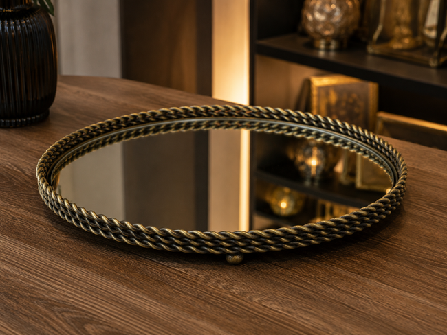Heritage Eskitme Aynalı Dekoratif Tepsi Bronz Metal Salon Konsol Sehpa Dekoru& Sleep Nova