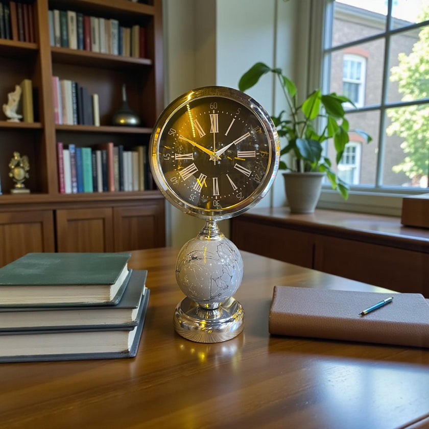 Silver Globe Dekoratif Masa Saati – Mermer Desenli Lüks Ofis & Salon Saat& Sleep Nova