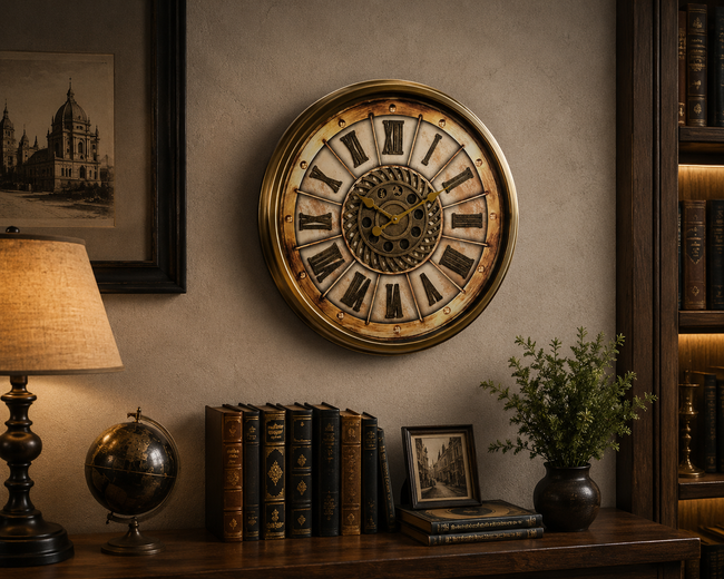 Roma Rakamlı Dekoratif Metal Duvar Saati Gold Vintage Büyük Boy Salon ve Ofis Saati& Sleep Nova