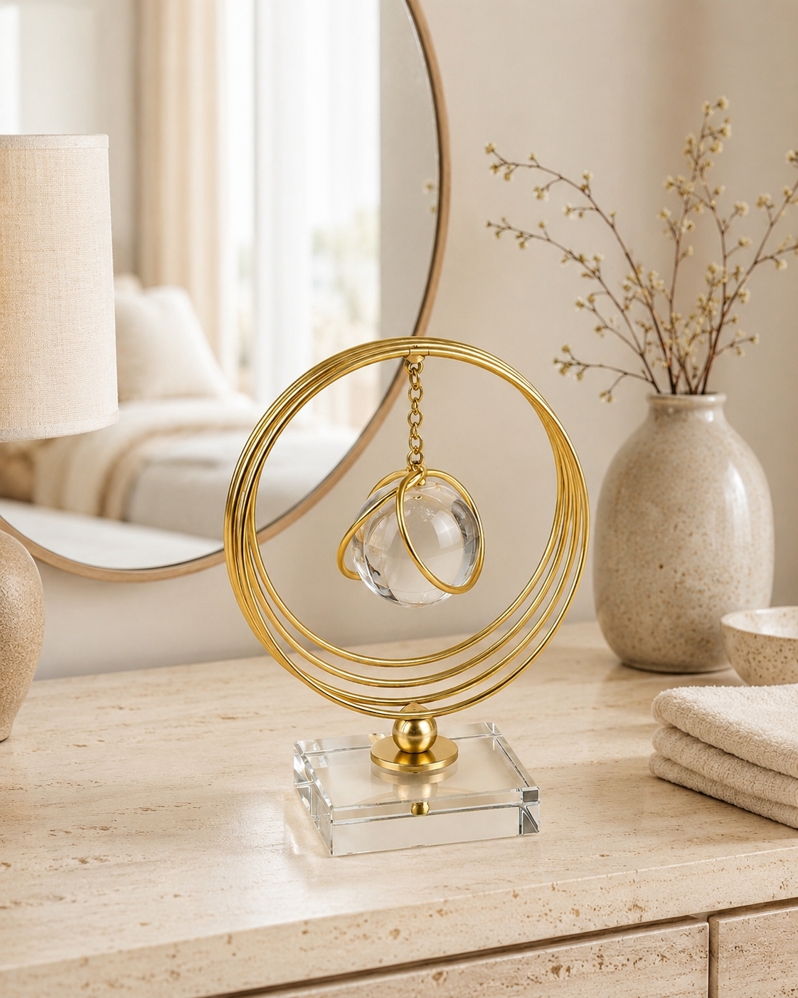 Gold Halkalı Kristal Küre Dekoratif Masa Aksesuarı