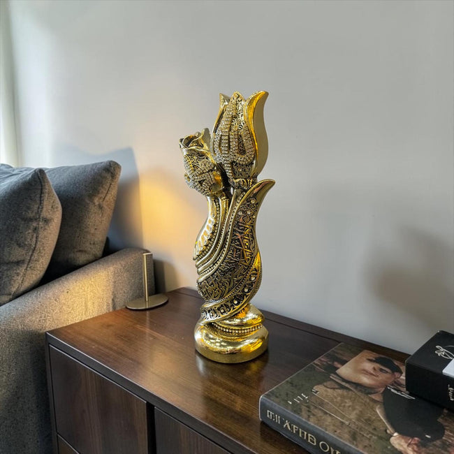 Osmanlı Lale Motifli Allah Lafzı Biblo – Altın Kaplama Taşlı Lüks Dekor& Sleep Nova