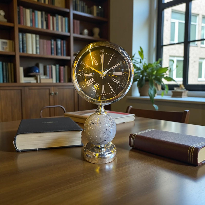 Silver Globe Dekoratif Masa Saati – Mermer Desenli Lüks Ofis & Salon Saat& Sleep Nova