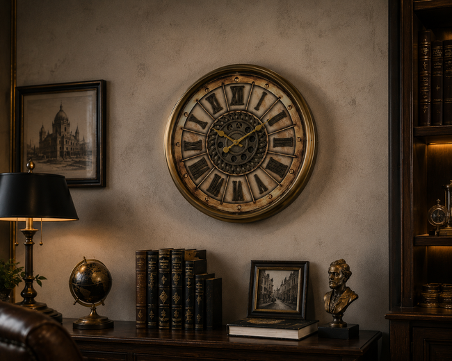 Roma Rakamlı Dekoratif Metal Duvar Saati Gold Vintage Büyük Boy Salon ve Ofis Saati& Sleep Nova