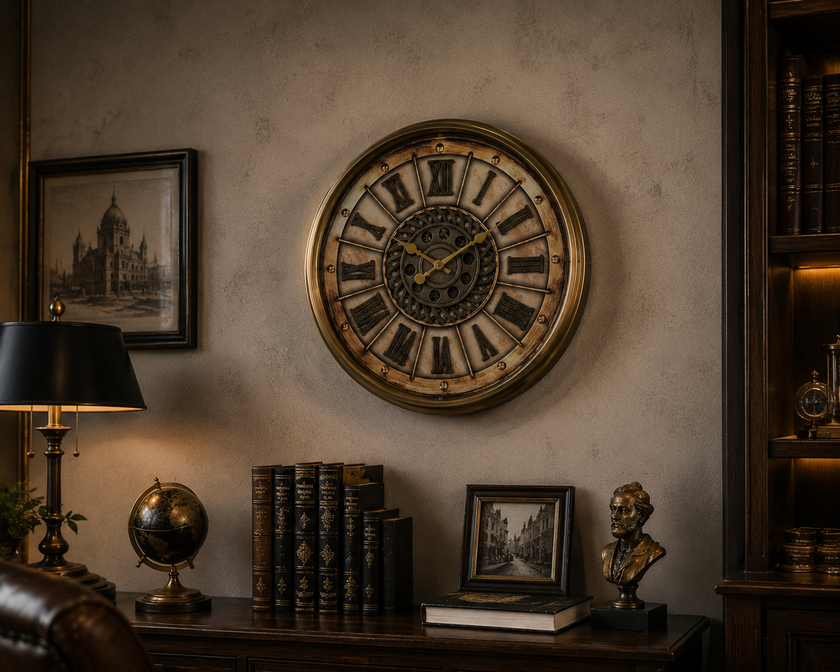 Roma Rakamlı Dekoratif Metal Duvar Saati Gold Vintage Büyük Boy Salon ve Ofis Saati& Sleep Nova