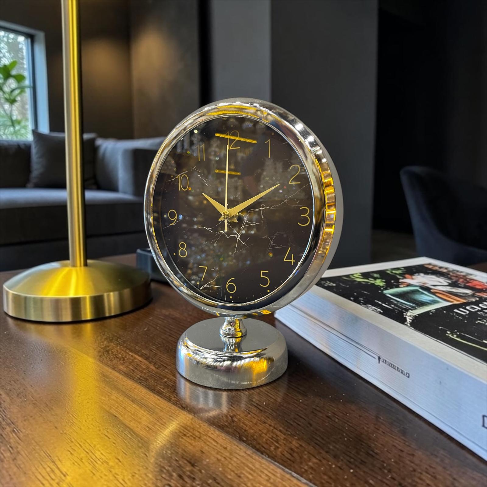 Silver Noir Modern Masa Saati – Gümüş & Siyah Minimal Tasarım Şık Ofis ve Ev Dekor Aksesuarı& Sleep Nova