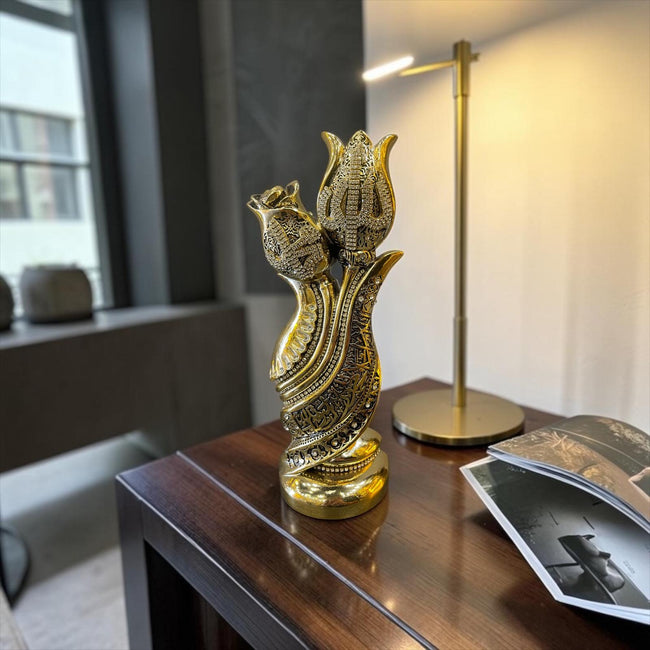 Osmanlı Lale Motifli Allah Lafzı Biblo – Altın Kaplama Taşlı Lüks Dekor& Sleep Nova