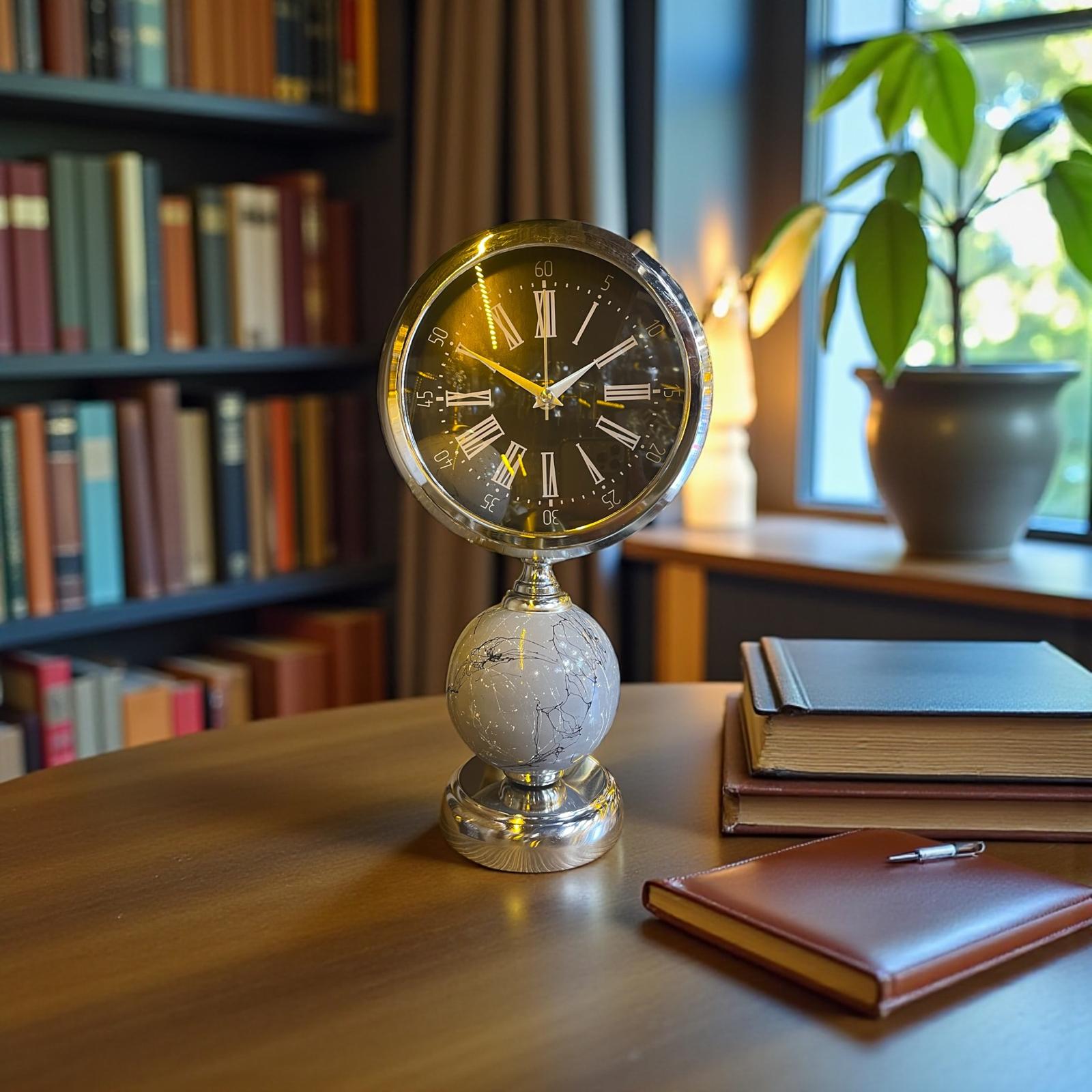 Silver Globe Dekoratif Masa Saati – Mermer Desenli Lüks Ofis & Salon Saat& Sleep Nova