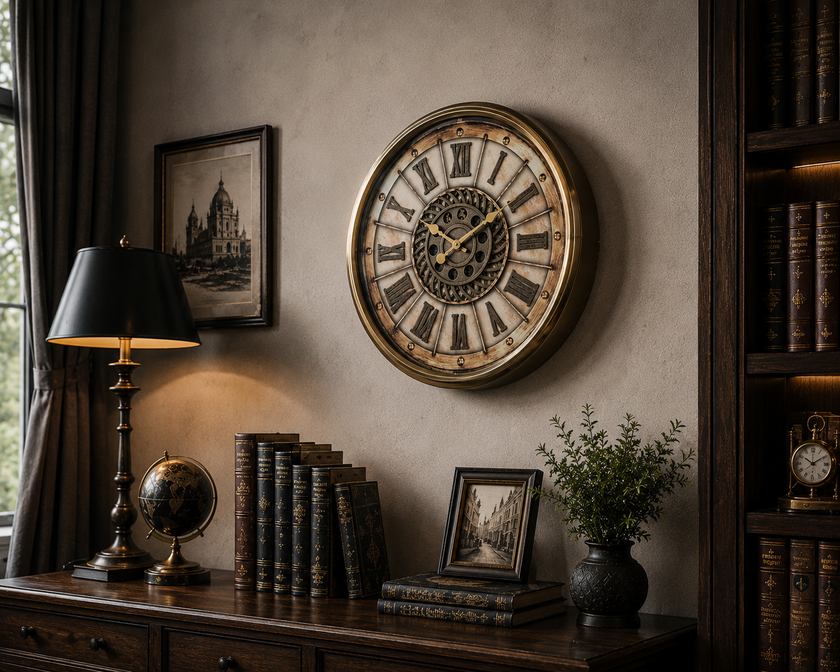 Roma Rakamlı Dekoratif Metal Duvar Saati Gold Vintage Büyük Boy Salon ve Ofis Saati& Sleep Nova