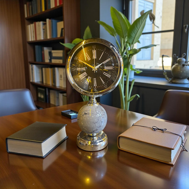 Silver Globe Dekoratif Masa Saati – Mermer Desenli Lüks Ofis & Salon Saat& Sleep Nova