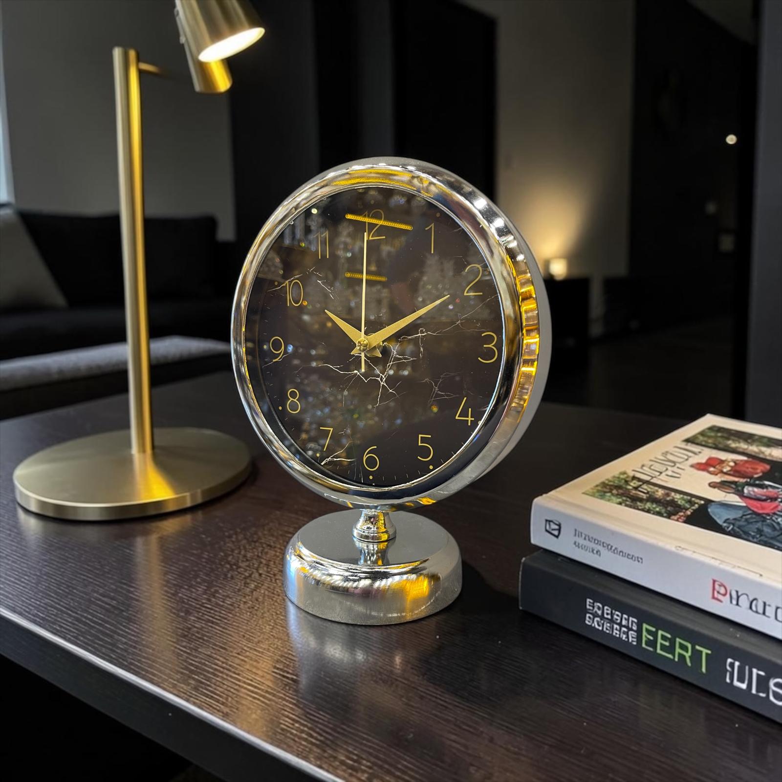 Silver Noir Modern Masa Saati – Gümüş & Siyah Minimal Tasarım Şık Ofis ve Ev Dekor Aksesuarı& Sleep Nova