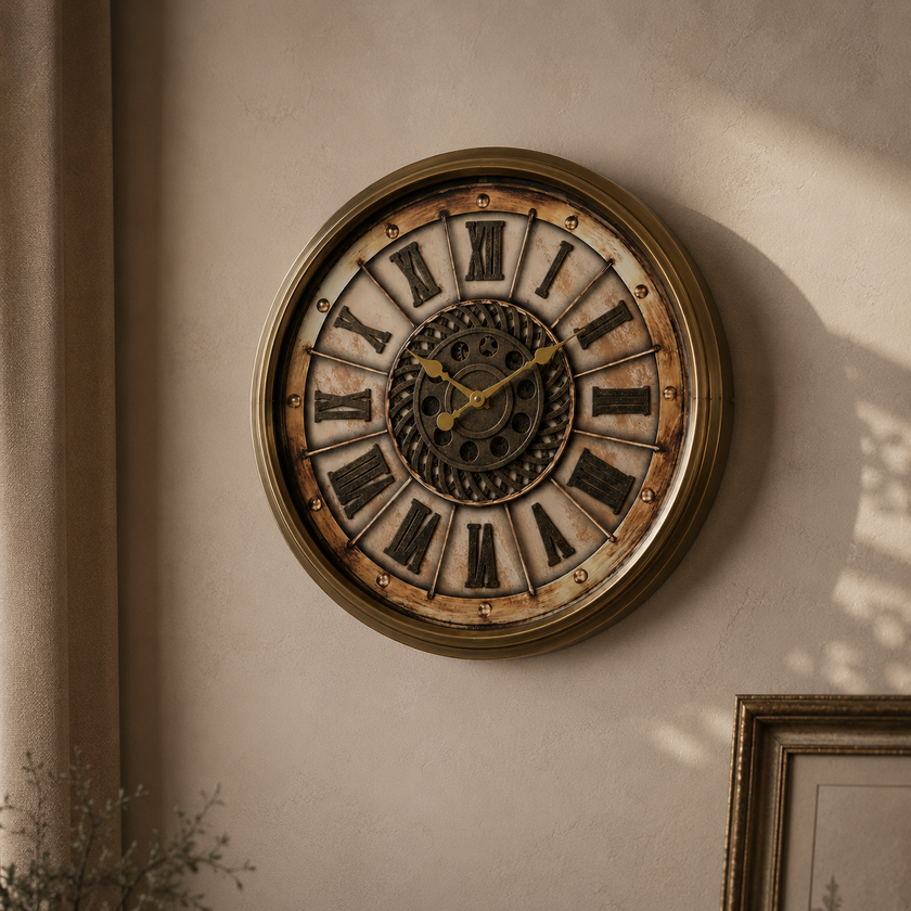 Roma Rakamlı Dekoratif Metal Duvar Saati Gold Vintage Büyük Boy Salon ve Ofis Saati& Sleep Nova