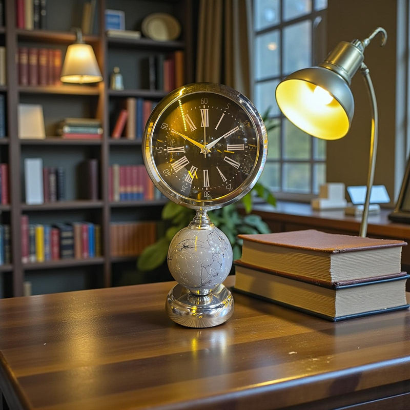 Silver Globe Dekoratif Masa Saati – Mermer Desenli Lüks Ofis & Salon Saat