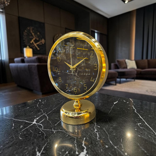 Gold Marble Masa Saati – Altın Çerçeveli Siyah Mermer Desenli Modern Lüks Dekoratif Saat& Sleep Nova