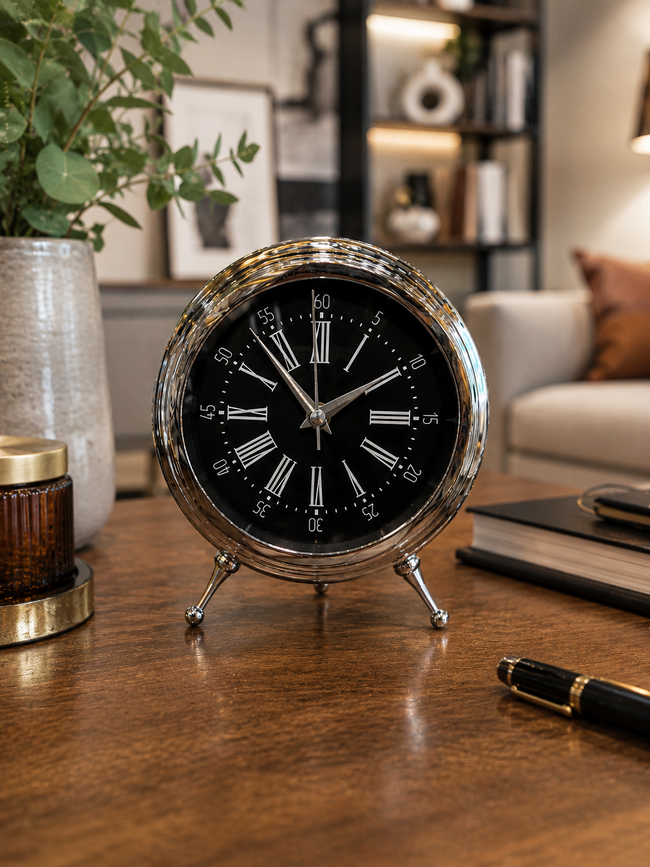 Lüks Gümüş Metal Dekoratif Masa Saati – Modern Roma Rakamlı Vintage Ayaklı Salon & Ofis Saati& Sleep Nova