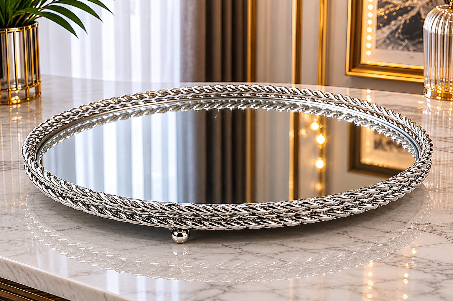 Platinum Mirror Gümüş Aynalı Dekoratif Tepsi Modern Salon Konsol Sehpa Dekoru& Sleep Nova