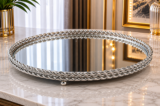 Platinum Mirror Gümüş Aynalı Dekoratif Tepsi Modern Salon Konsol Sehpa Dekoru& Sleep Nova