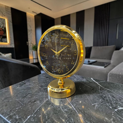 Gold Marble Masa Saati – Altın Çerçeveli Siyah Mermer Desenli Modern Lüks Dekoratif Saat& Sleep Nova