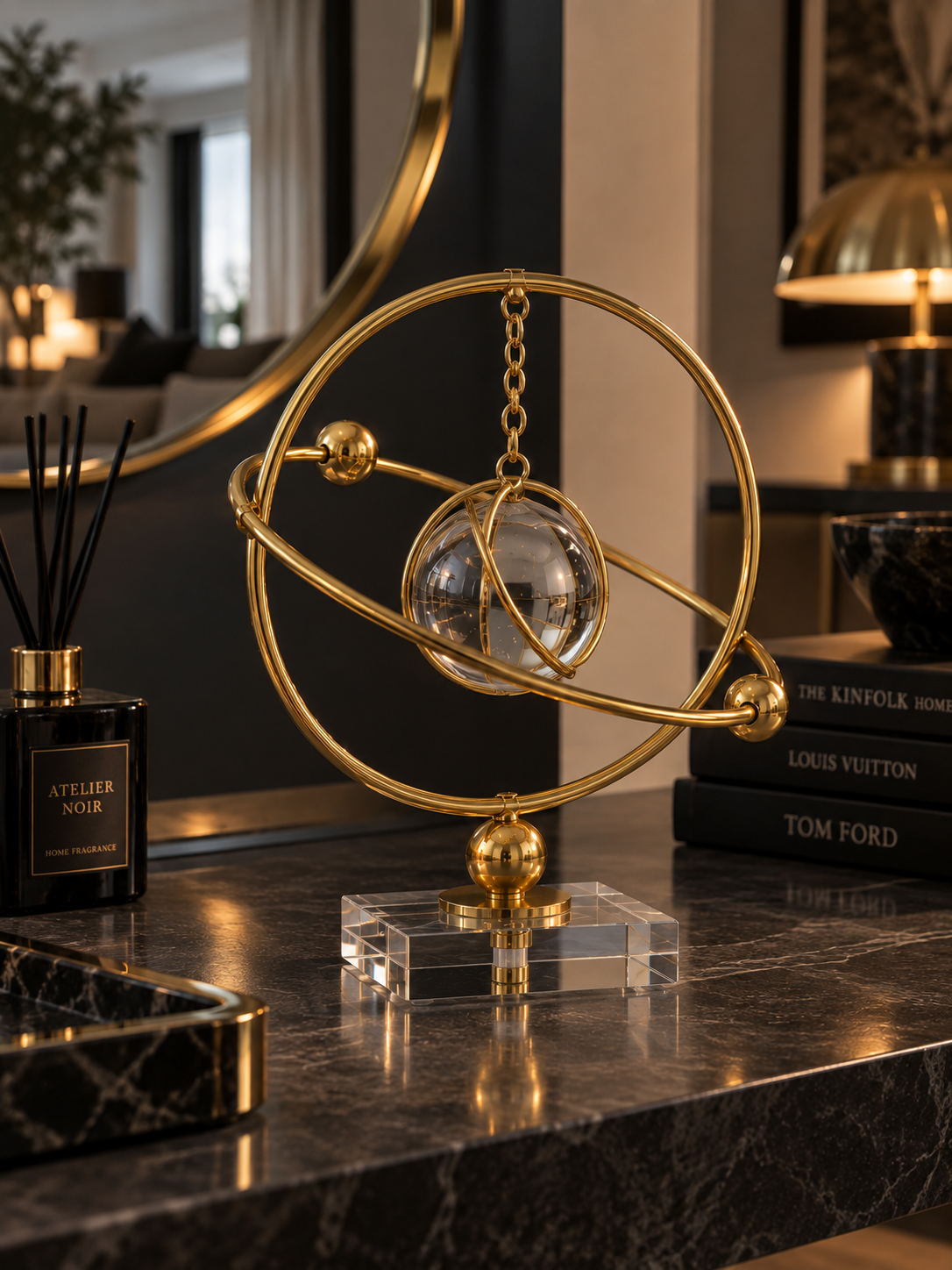 Gold Yörünge Halkalı Kristal Küre Dekoratif Masa Objesi