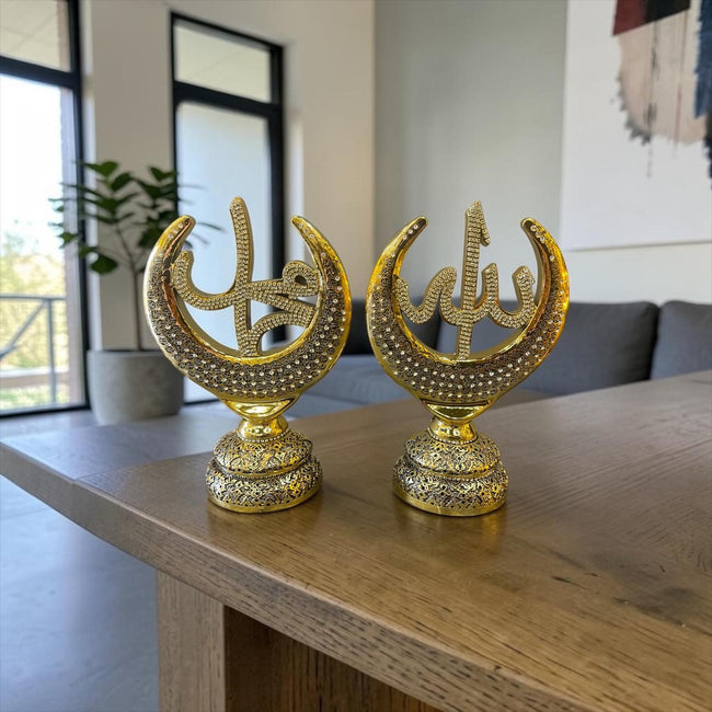 Allah Muhammed Lafzı Biblo Altın Renk – Taşlı İslami Dekor, Lüks Ev Ofis Aksesuarı, Manevi Hediye& Sleep Nova