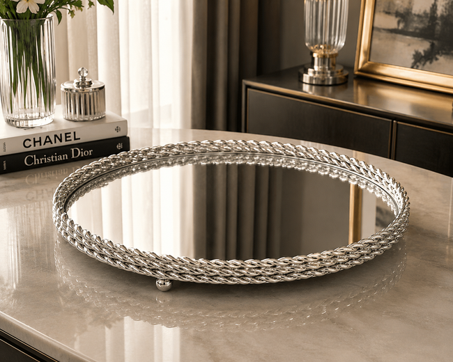 Platinum Mirror Gümüş Aynalı Dekoratif Tepsi Modern Salon Konsol Sehpa Dekoru& Sleep Nova
