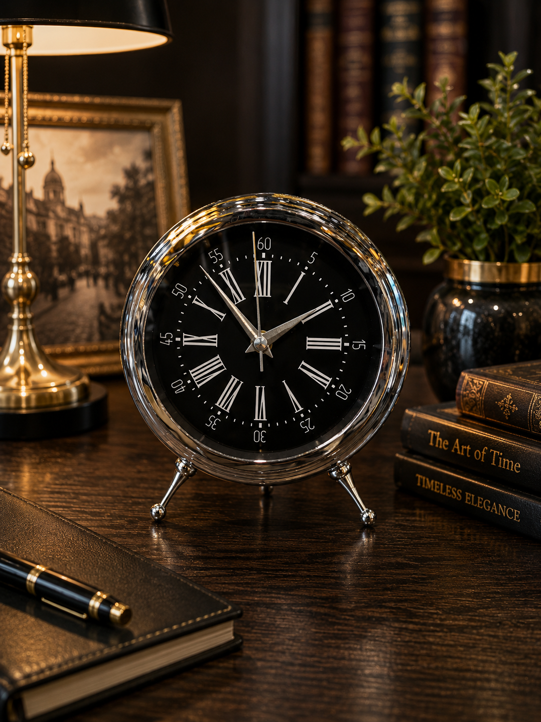 Lüks Gümüş Metal Dekoratif Masa Saati – Modern Roma Rakamlı Vintage Ayaklı Salon & Ofis Saati& Sleep Nova