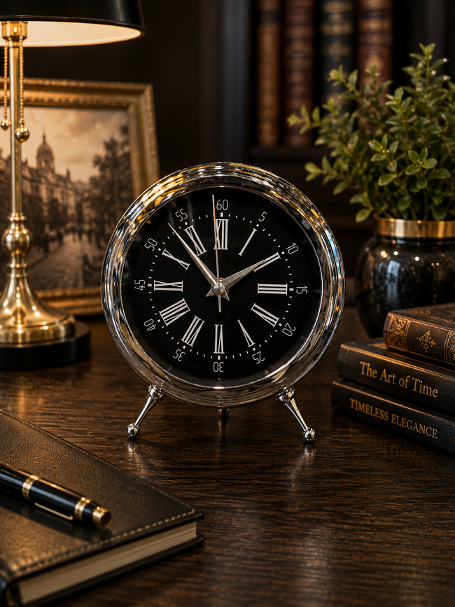 Lüks Gümüş Metal Dekoratif Masa Saati – Modern Roma Rakamlı Vintage Ayaklı Salon & Ofis Saati& Sleep Nova