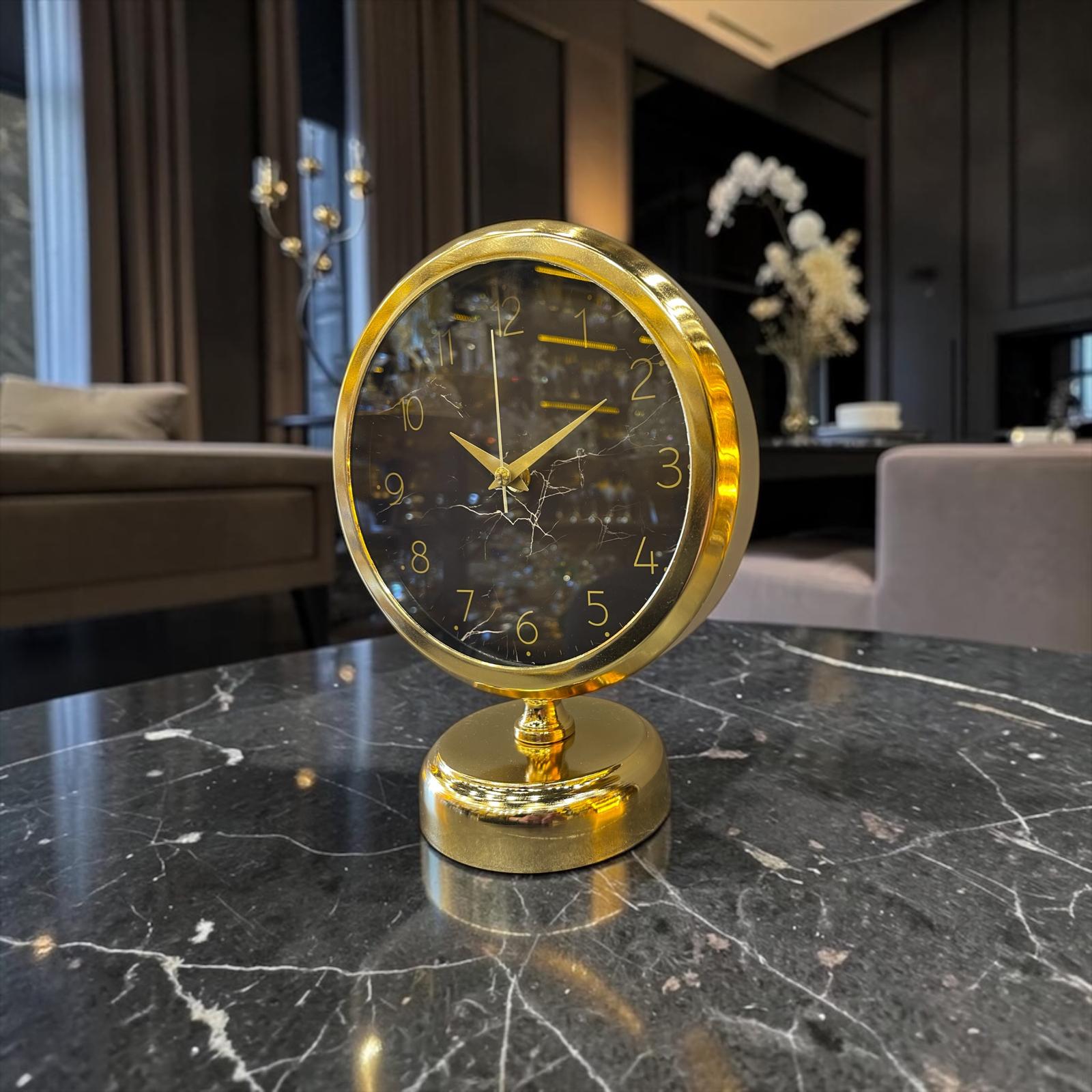 Gold Marble Masa Saati – Altın Çerçeveli Siyah Mermer Desenli Modern Lüks Dekoratif Saat& Sleep Nova