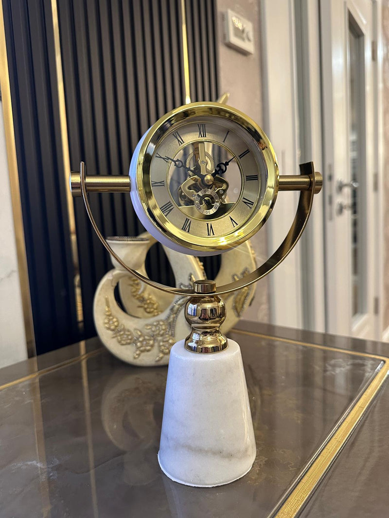 Lüks Gold İskelet Mekanizmalı Mermer Tabanlı Dekoratif Masa Saati