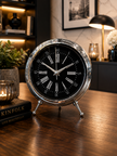 Lüks Gümüş Metal Dekoratif Masa Saati – Modern Roma Rakamlı Vintage Ayaklı Salon & Ofis Saati& Sleep Nova