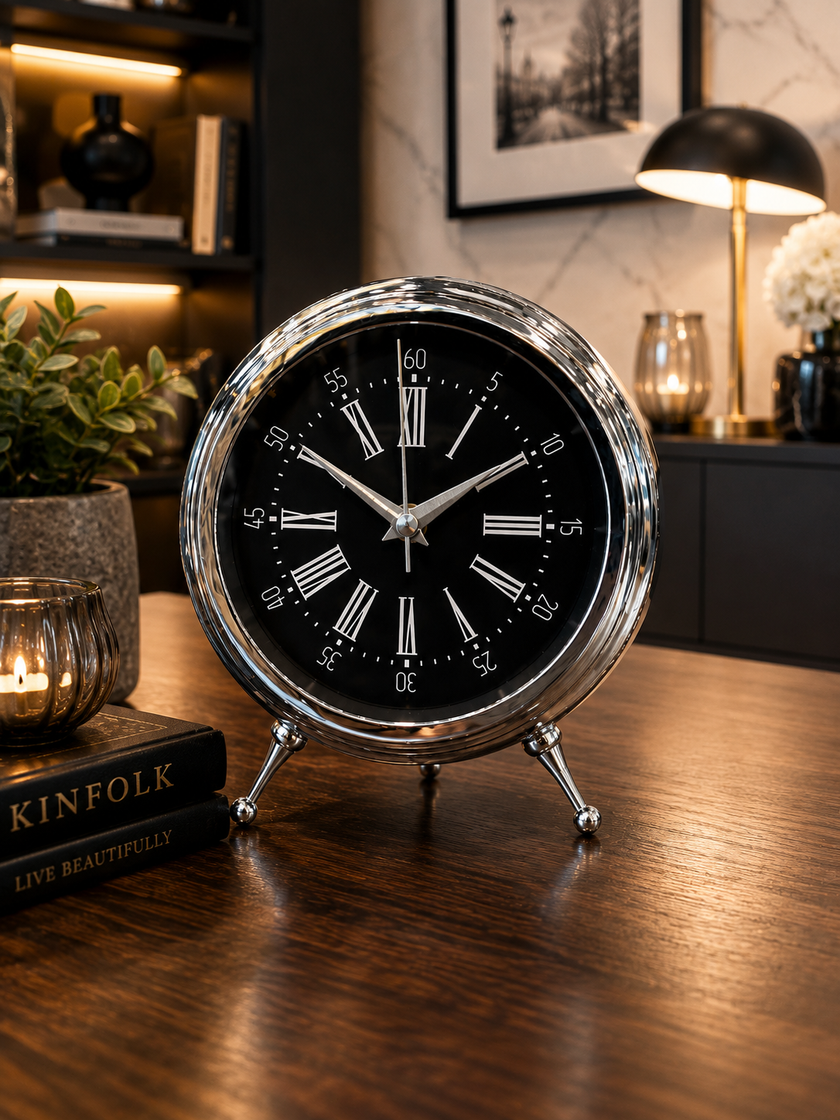 Lüks Gümüş Metal Dekoratif Masa Saati – Modern Roma Rakamlı Vintage Ayaklı Salon & Ofis Saati& Sleep Nova
