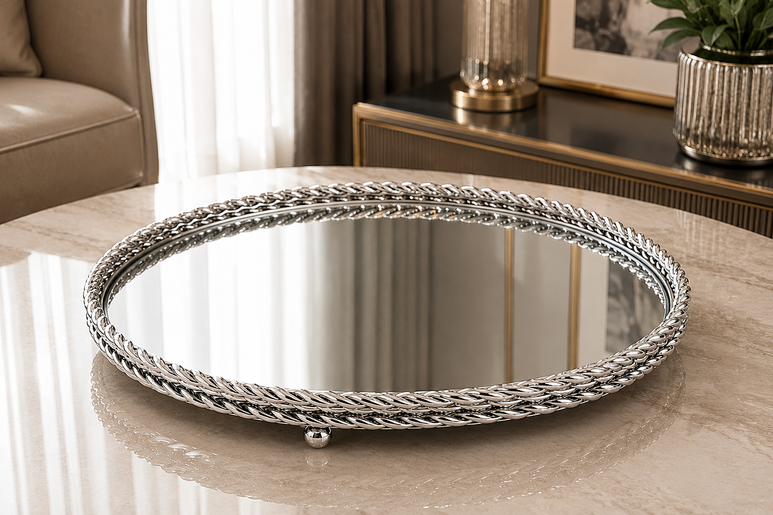 Platinum Mirror Gümüş Aynalı Dekoratif Tepsi Modern Salon Konsol Sehpa Dekoru& Sleep Nova