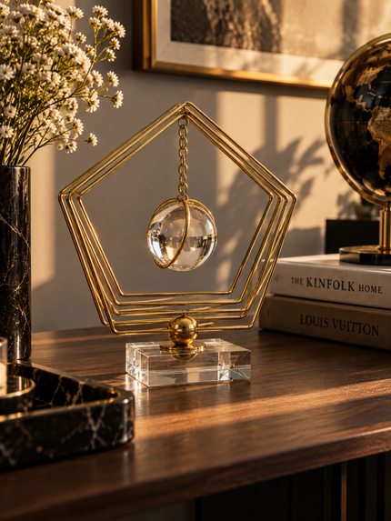 Gold Beşgen Çerçeveli Kristal Küre Dekoratif Masa Objesi