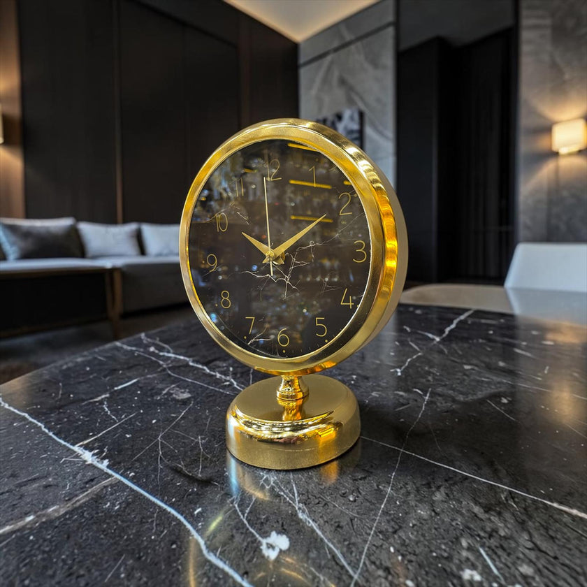 Gold Marble Masa Saati – Altın Çerçeveli Siyah Mermer Desenli Modern Lüks Dekoratif Saat& Sleep Nova
