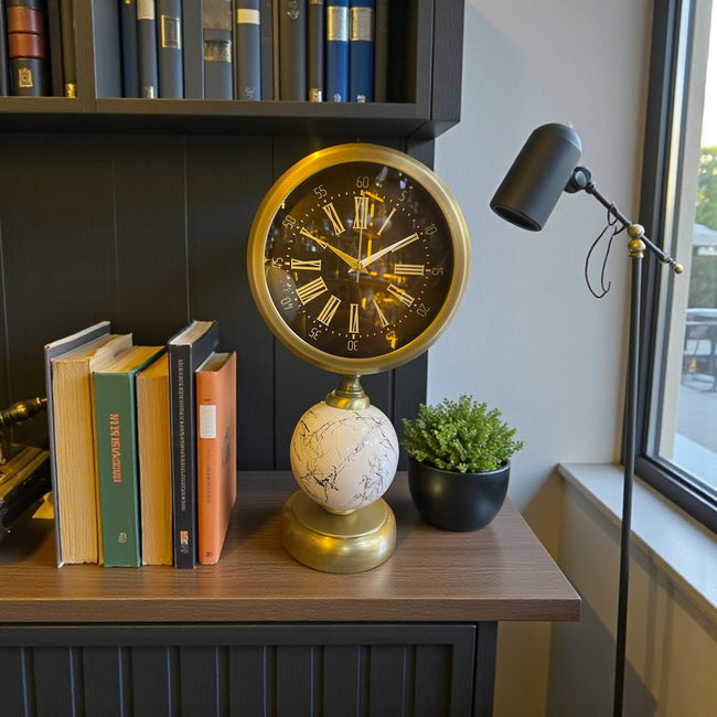 Heritage Gold Globe Dekoratif Masa Saati – Mermer Desenli Klasik Salon & Ofis Saat (Eskitme)& Sleep Nova