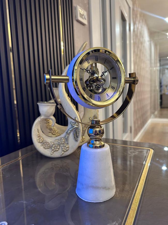 Lüks Gold İskelet Mekanizmalı Mermer Tabanlı Dekoratif Masa Saati& Sleep Nova