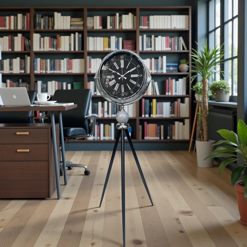 Royal Tripod Büyük Boy Metal Ayaklı Dekoratif Zemin Saati – Vintage Ofis & Salon Saat (Gümüş)& Sleep Nova