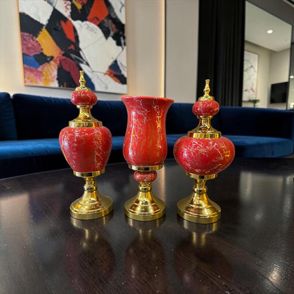 Royal Red Marble Dekoratif Vazo & Obje Seti – Gold Detaylı Lüks Salon Aksesuarı (3’lü)& Sleep Nova