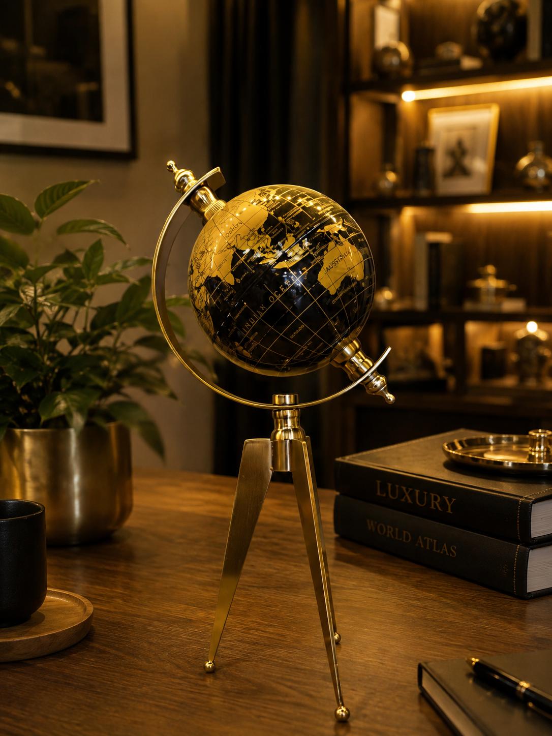 Gold Siyah Dekoratif Dünya Küresi – Metal Tripod Ayaklı Lüks Masaüstü Globe& Sleep Nova