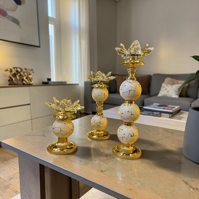 Lotus Kristal Dekoratif Şamdan Mumluk Gold Beyaz Mermer Desenli Salon Masa Dekoru
