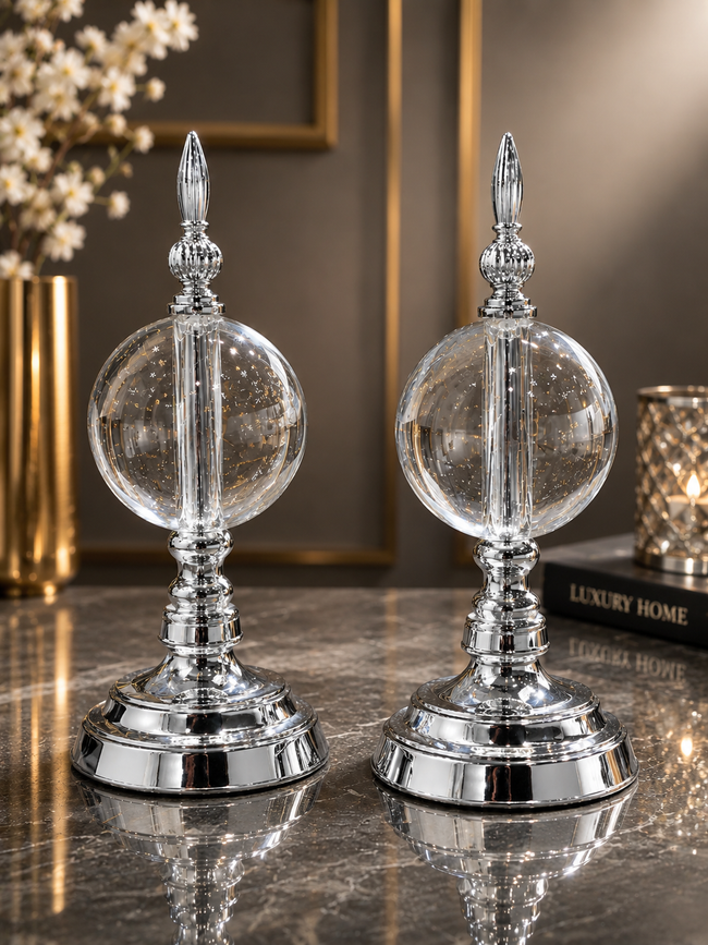 Silver Crystal Cam Küre Dekoratif Obje Seti – Gümüş Metal Modern Salon & Ofis Aksesuarı (2'li)& Sleep Nova