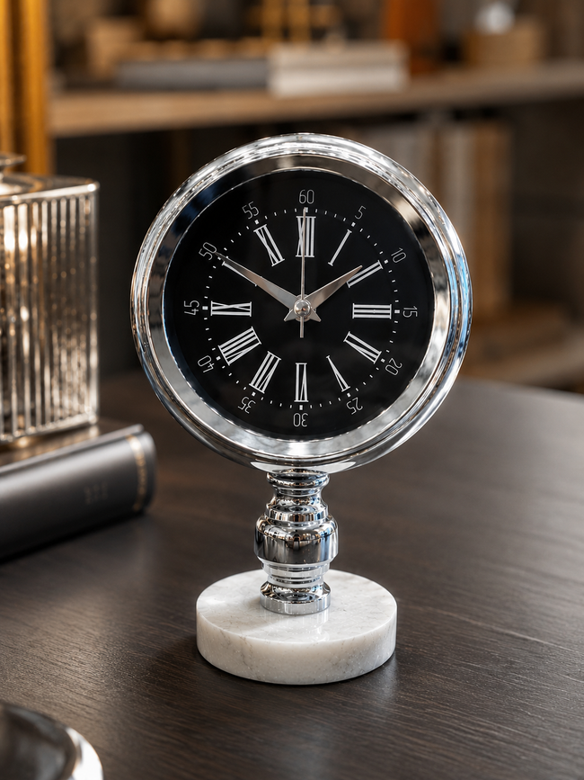 Lüks Gümüş Mermer Kaideli Dekoratif Masa Saati – Modern Metal Roma Rakamlı Premium Salon & Ofis Saati& Sleep Nova