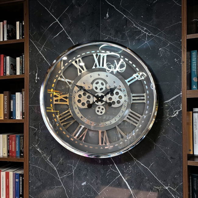 Roma Rakamlı Endüstriyel Metal Duvar Saati – Dişli Mekanizmalı Vintage Dekor Saat (Gümüş)& Sleep Nova