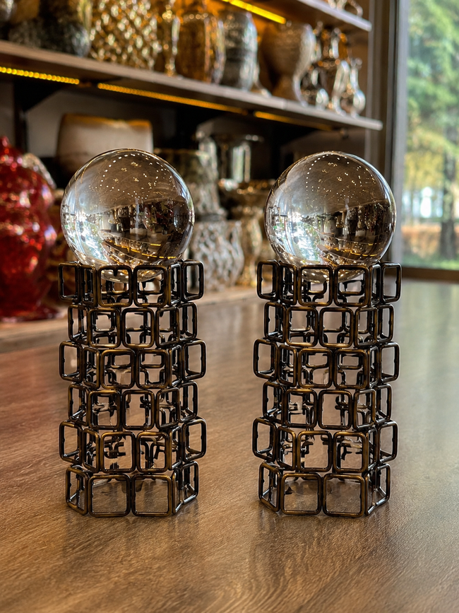 Infinity Sphere Dekoratif Metal Küre Biblo Seti Siyah Modern Salon Konsol Ofis Dekoru 2'li& Sleep Nova