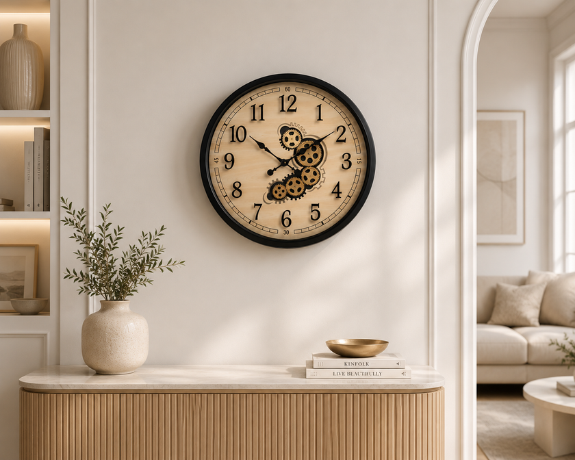 Gear Wood Dekoratif Duvar Saati – Ahşap Görünümlü Büyük Boy Salon Saati& Sleep Nova