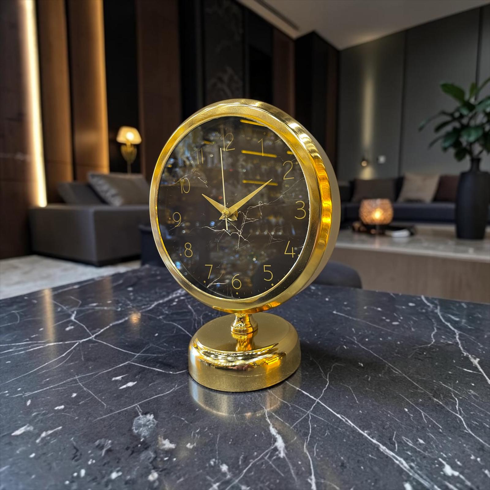 Gold Marble Masa Saati – Altın Çerçeveli Siyah Mermer Desenli Modern Lüks Dekoratif Saat& Sleep Nova
