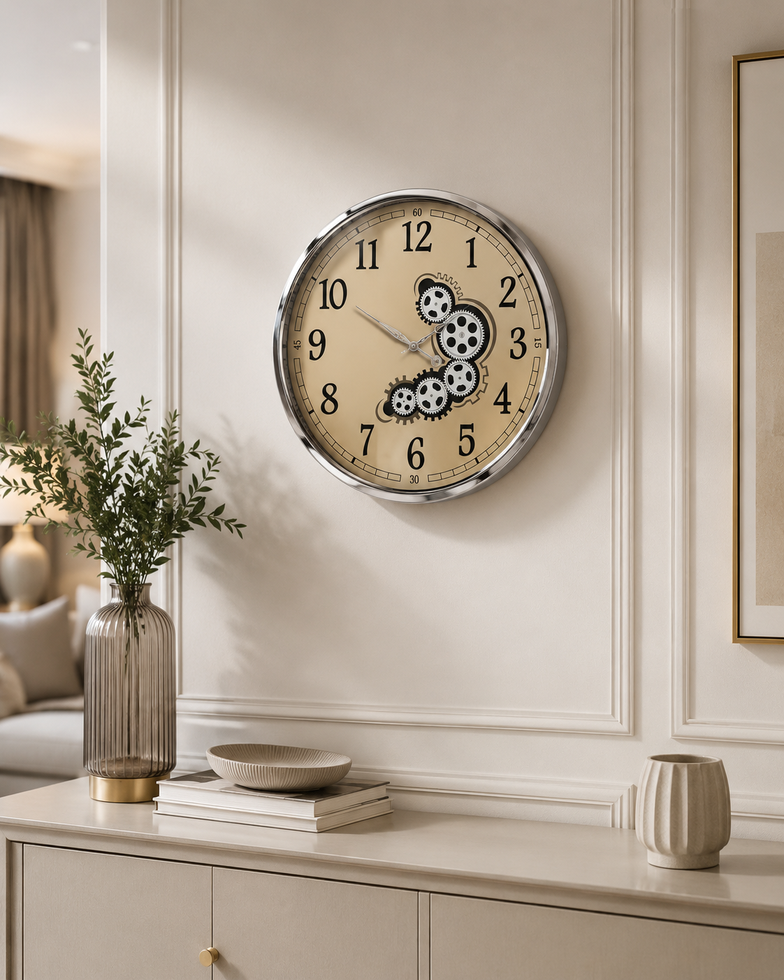 Silver Gear Dekoratif Duvar Saati – Gümüş Çerçeveli Büyük Boy Salon ve Ofis Saati& Sleep Nova