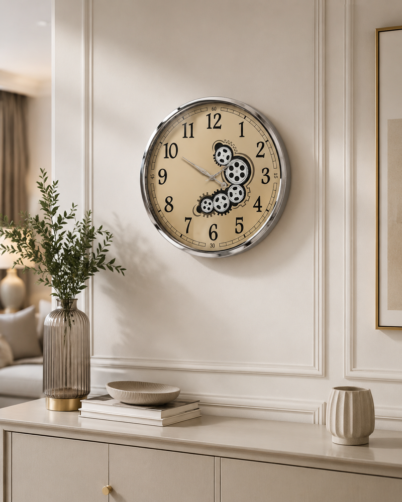 Silver Gear Dekoratif Duvar Saati – Gümüş Çerçeveli Büyük Boy Salon ve Ofis Saati