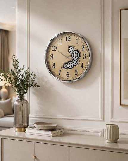 Silver Gear Dekoratif Duvar Saati – Gümüş Çerçeveli Büyük Boy Salon ve Ofis Saati& Sleep Nova