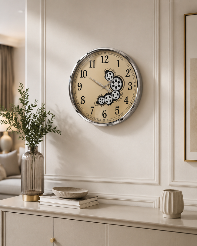Silver Gear Dekoratif Duvar Saati – Gümüş Çerçeveli Büyük Boy Salon ve Ofis Saati& Sleep Nova